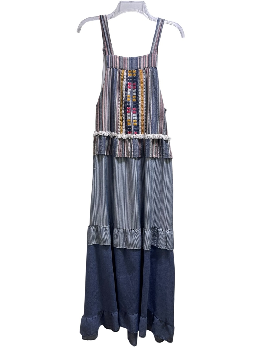 THML Striped Embroidered Tank Dress Tiered w/Fringe Bohemian Size Small
